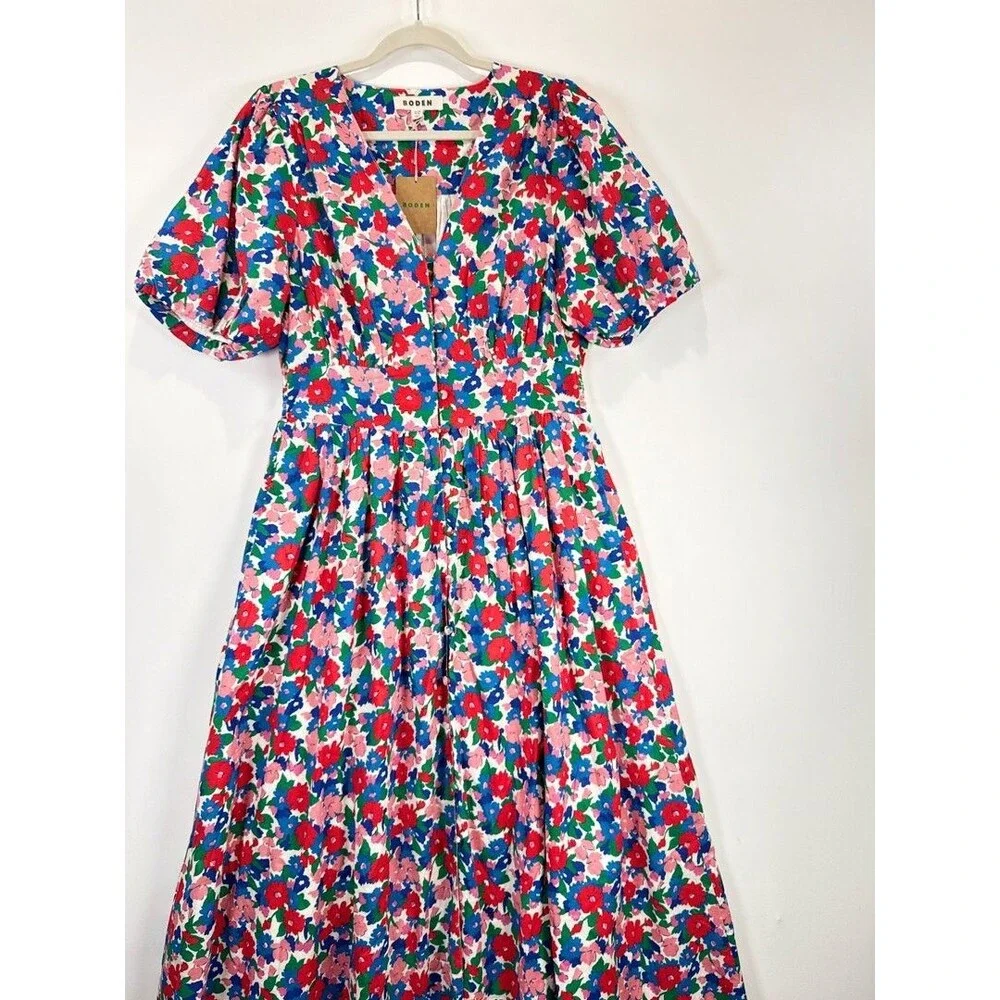 NEW Boden Midi Dress Pink Lillian Cotton Floral V Neck Puff Sleeve Boho US 10